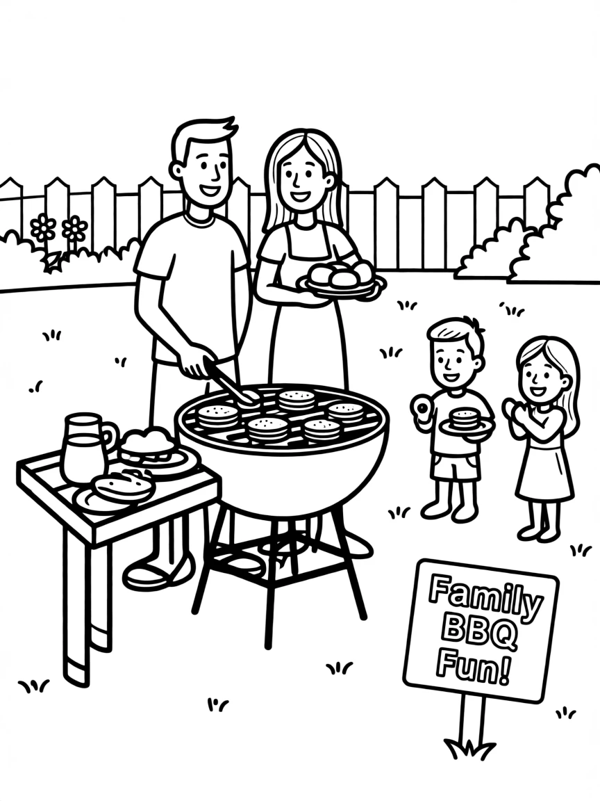 (family) Family having a backyard BBQ with dad grilling burgers