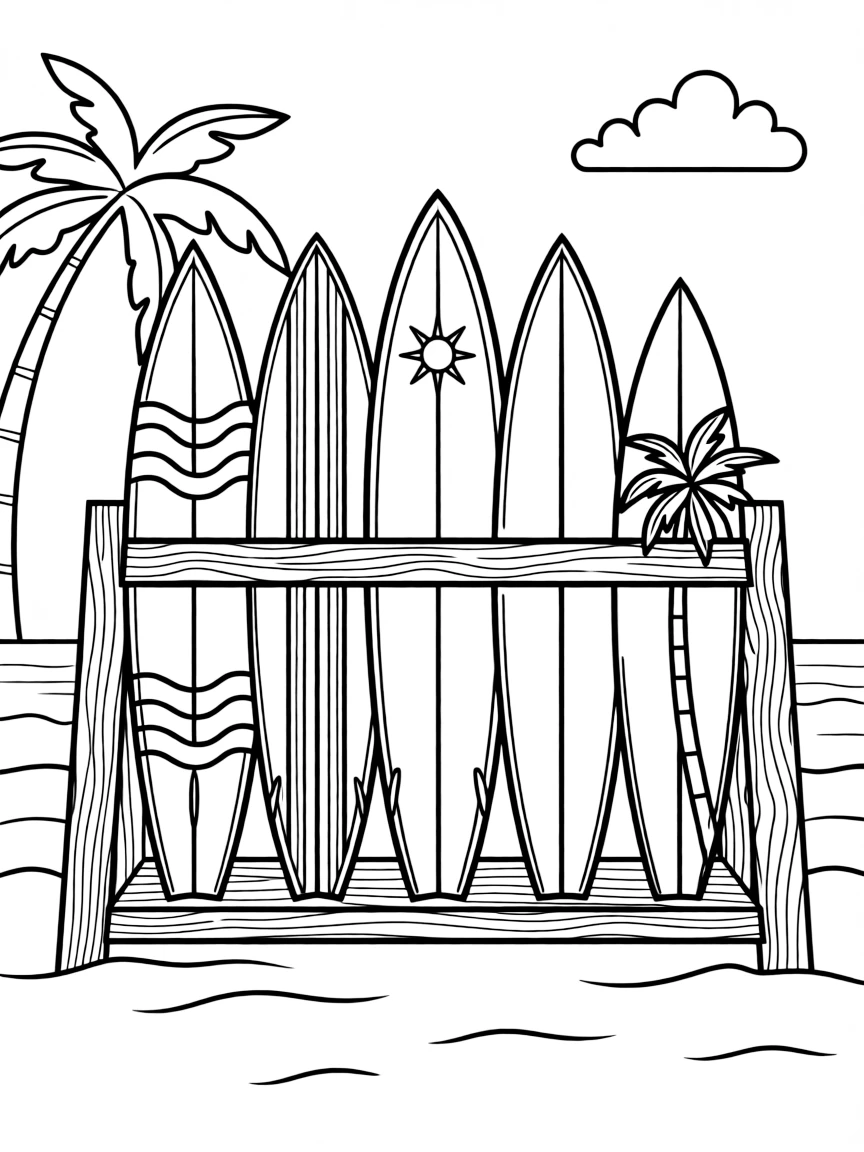 (California) Surfboard collection on a beach rack