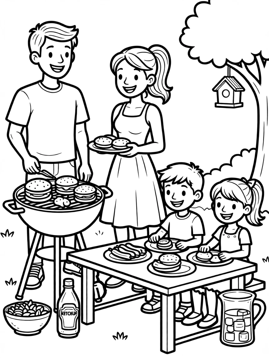 (family) Family having a backyard BBQ with dad grilling burgers