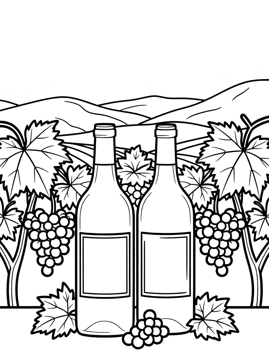 (California) California wine bottles and grape vines