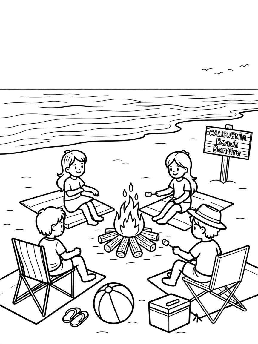 (California) California beach bonfire scene
