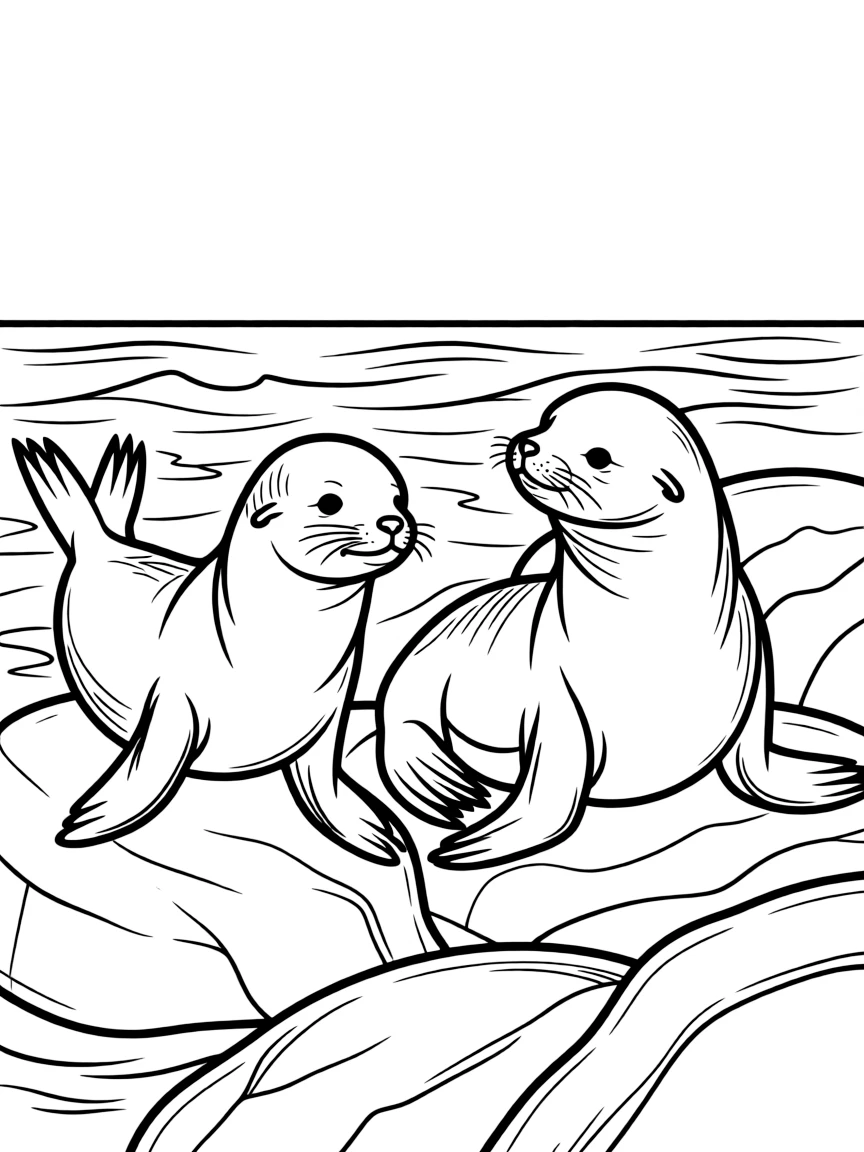 (California) California sea lions playing on rocks