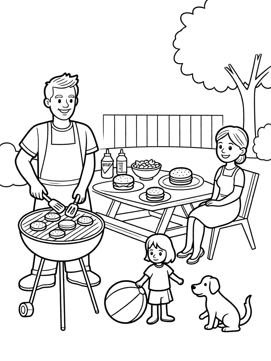 (family) Family having a backyard BBQ with dad grilling burgers
