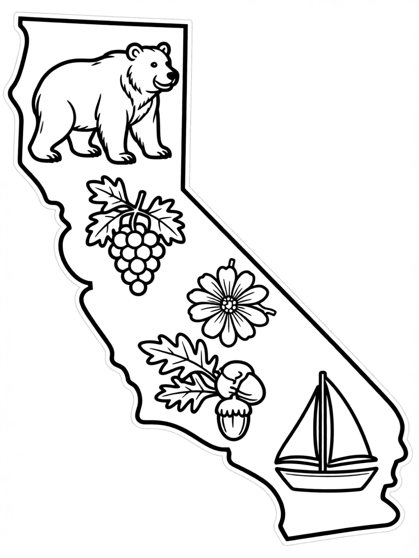 (California) Golden State outline with state symbols inside