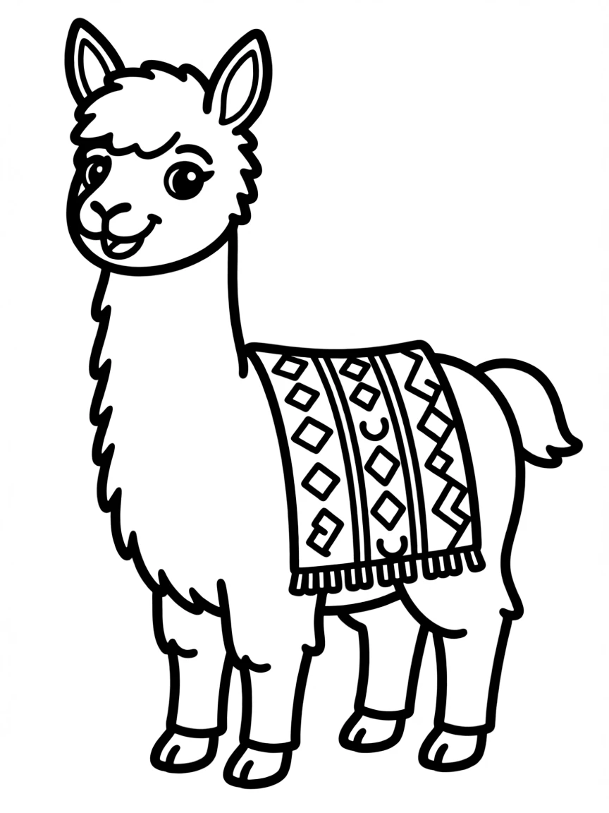 (Mexico) A cute cartoon llama wearing a colorful Mexican blanket