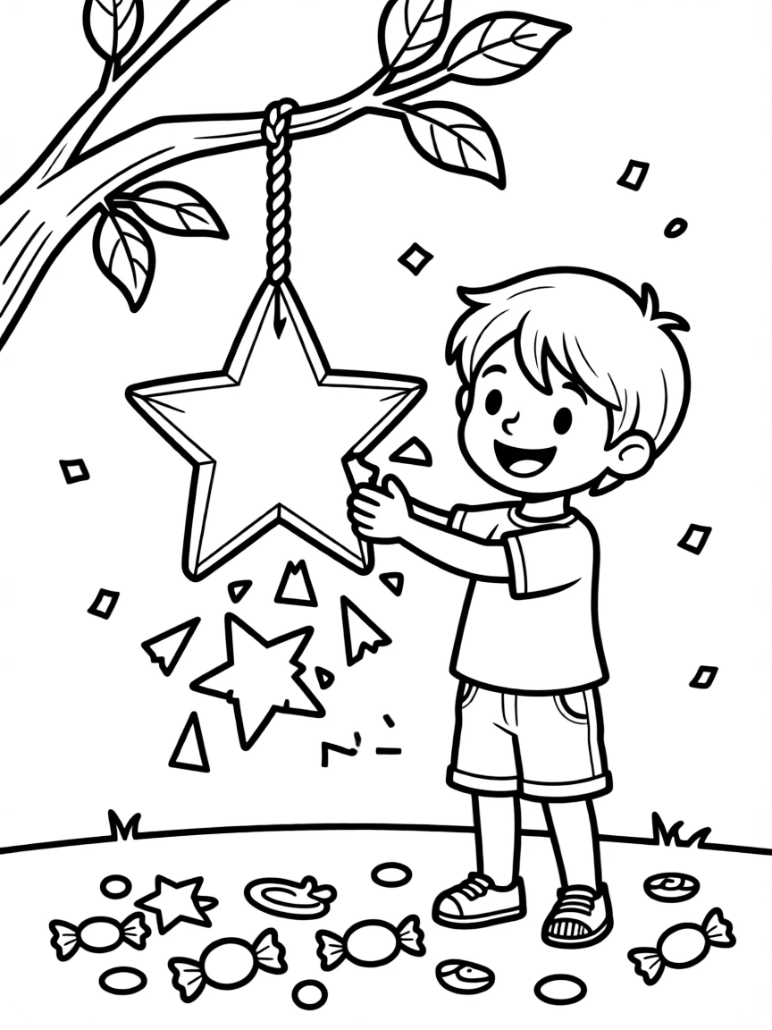 (Mexico) A smiling child breaking open a piñata shaped like a star