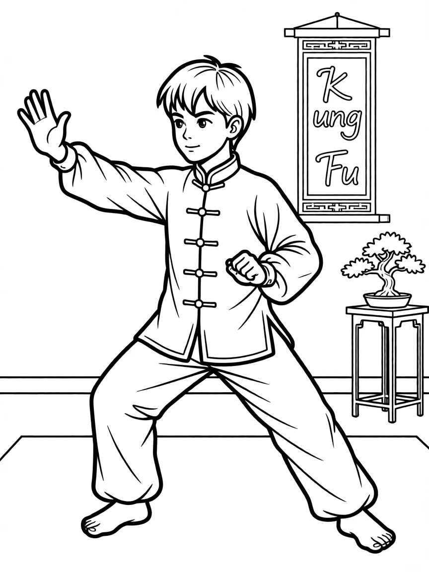 (sports) a boy is practicing kung fu