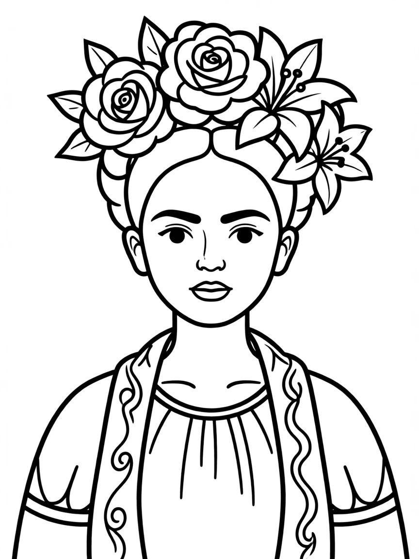 (Mexico) A basic outline of Frida Kahlo with flowers in her hair