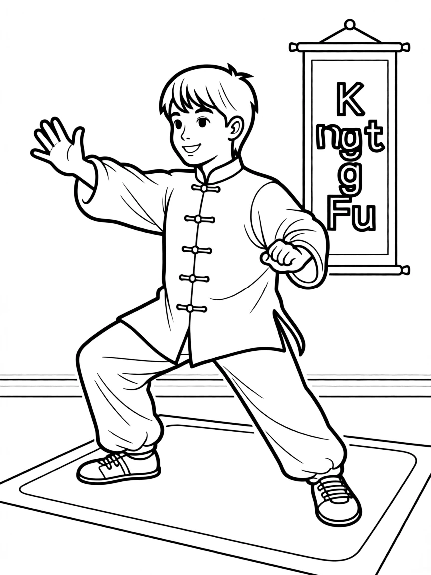 (sports) a boy is practicing kung fu