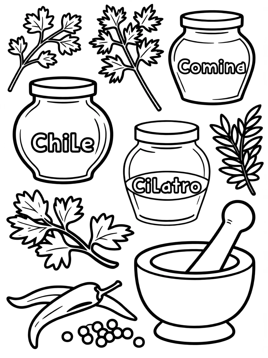 (Mexico) A basic drawing of Mexican spices and herbs