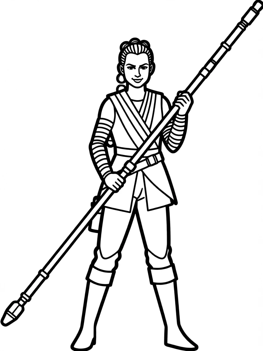 (Star Wars) Rey holding her staff and smiling