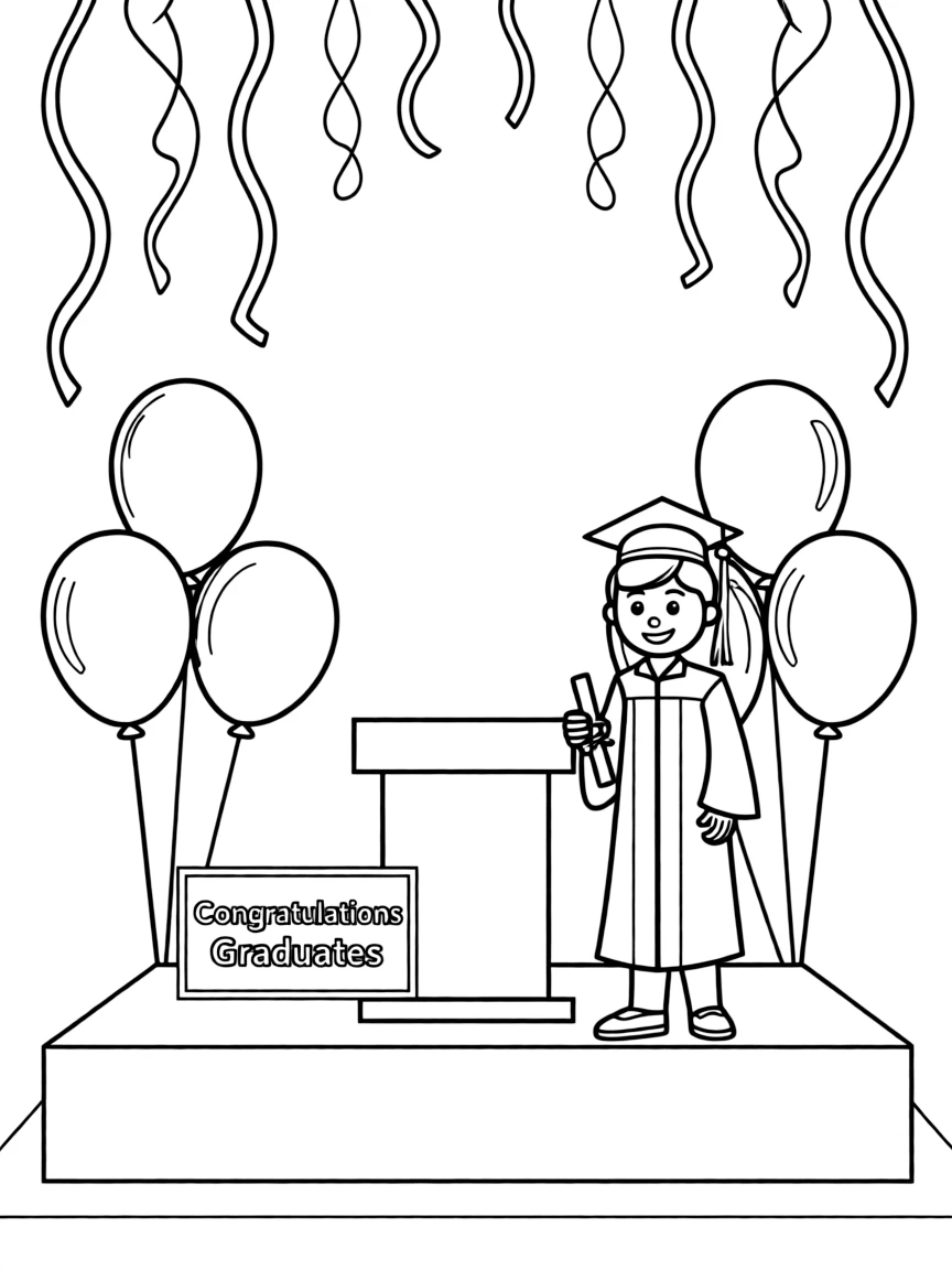 A graduation ceremony stage with balloons and streamers