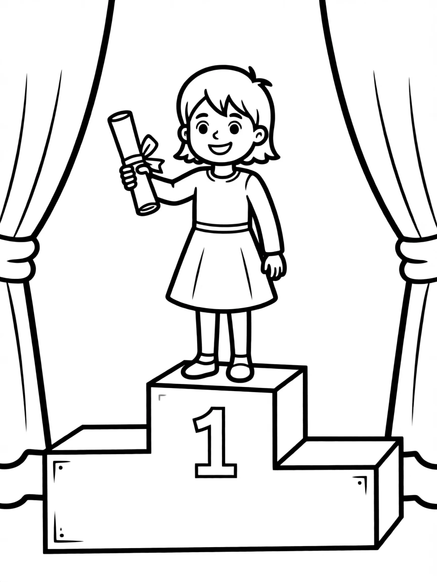 A child standing on a podium receiving a diploma