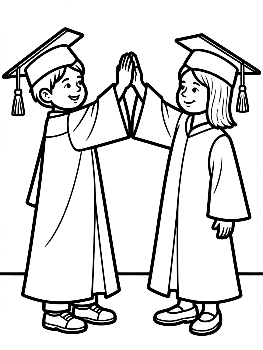 A boy and girl high-fiving in graduation gowns