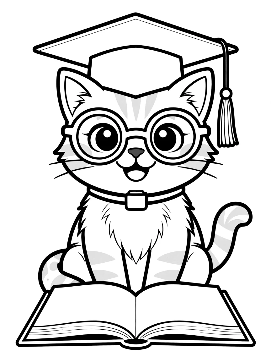 A cute cat in glasses and a graduation hat