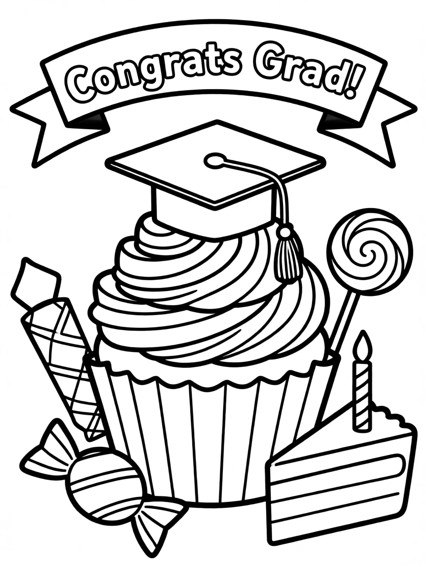 A graduation-themed cupcake and party treats