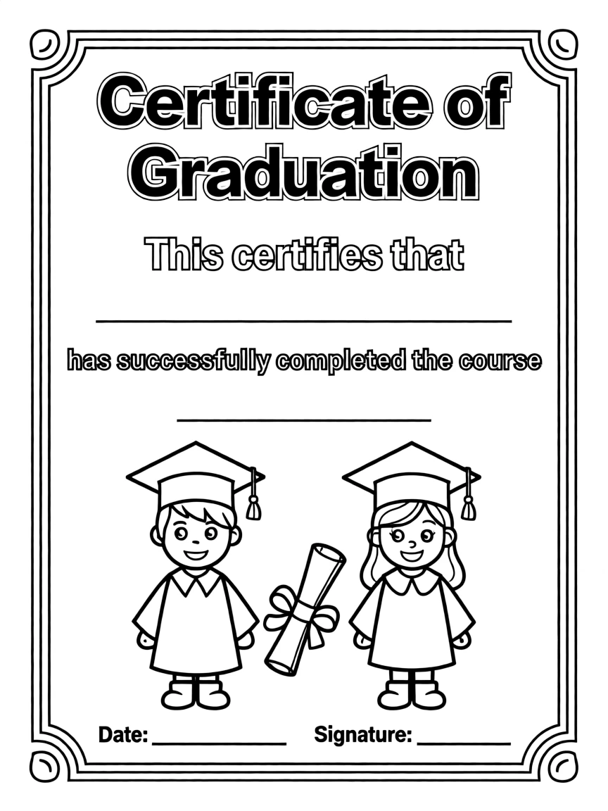 A graduation-themed coloring certificate