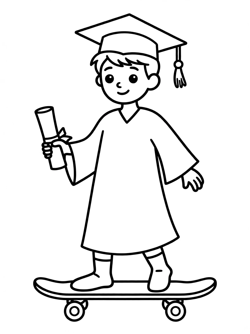 A graduate riding a skateboard with a diploma