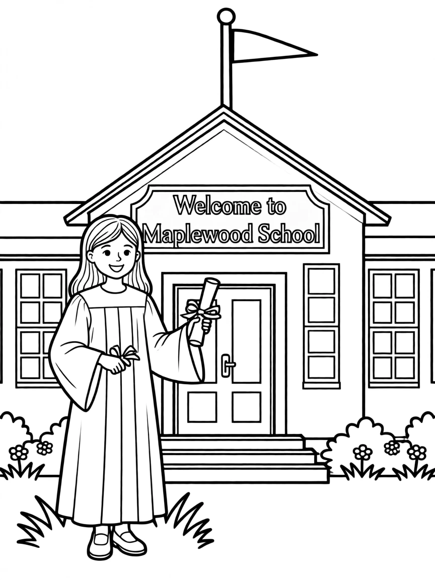 A kid standing in front of the school in a gown