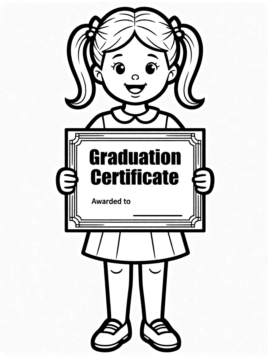 A girl in pigtails with her graduation certificate