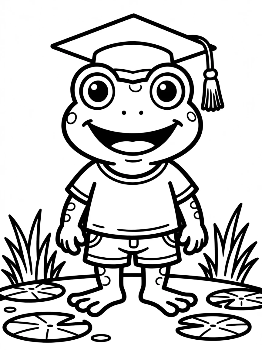 A happy frog wearing a graduation cap