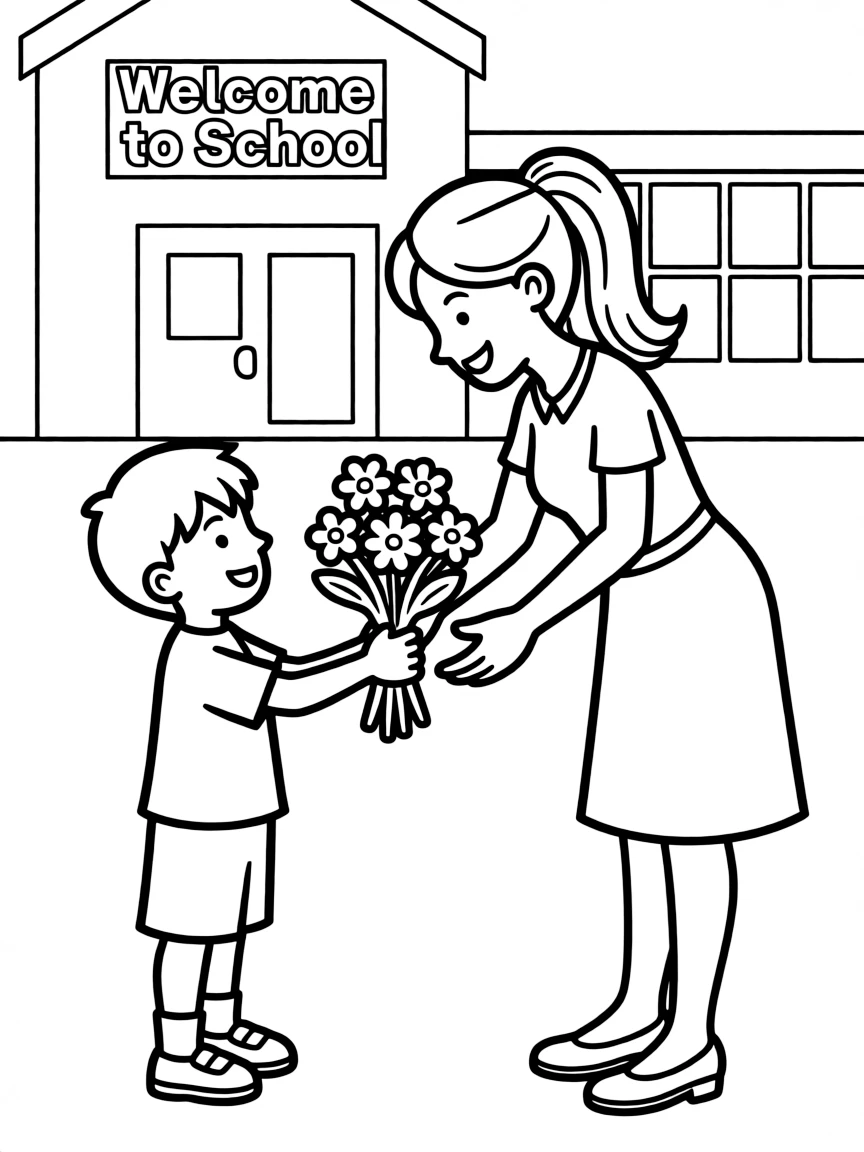 A child giving flowers to a teacher