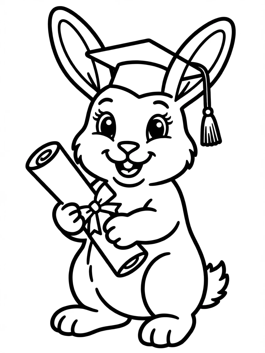A bunny holding a diploma scroll
