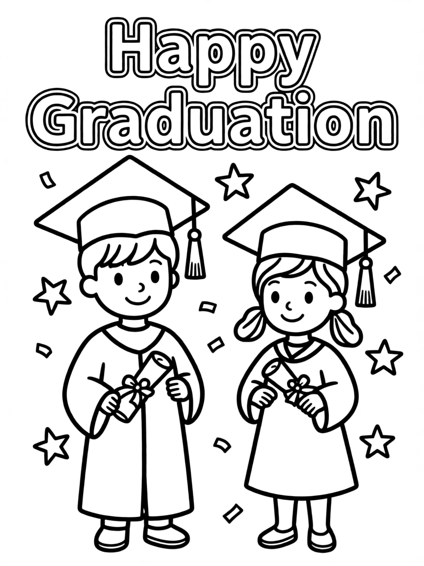A coloring sheet with “Happy Graduation” text