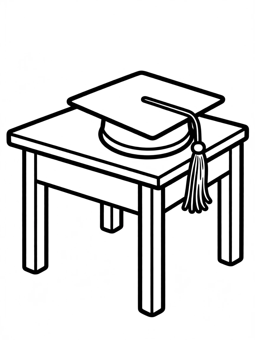 A school desk with a graduation hat on it