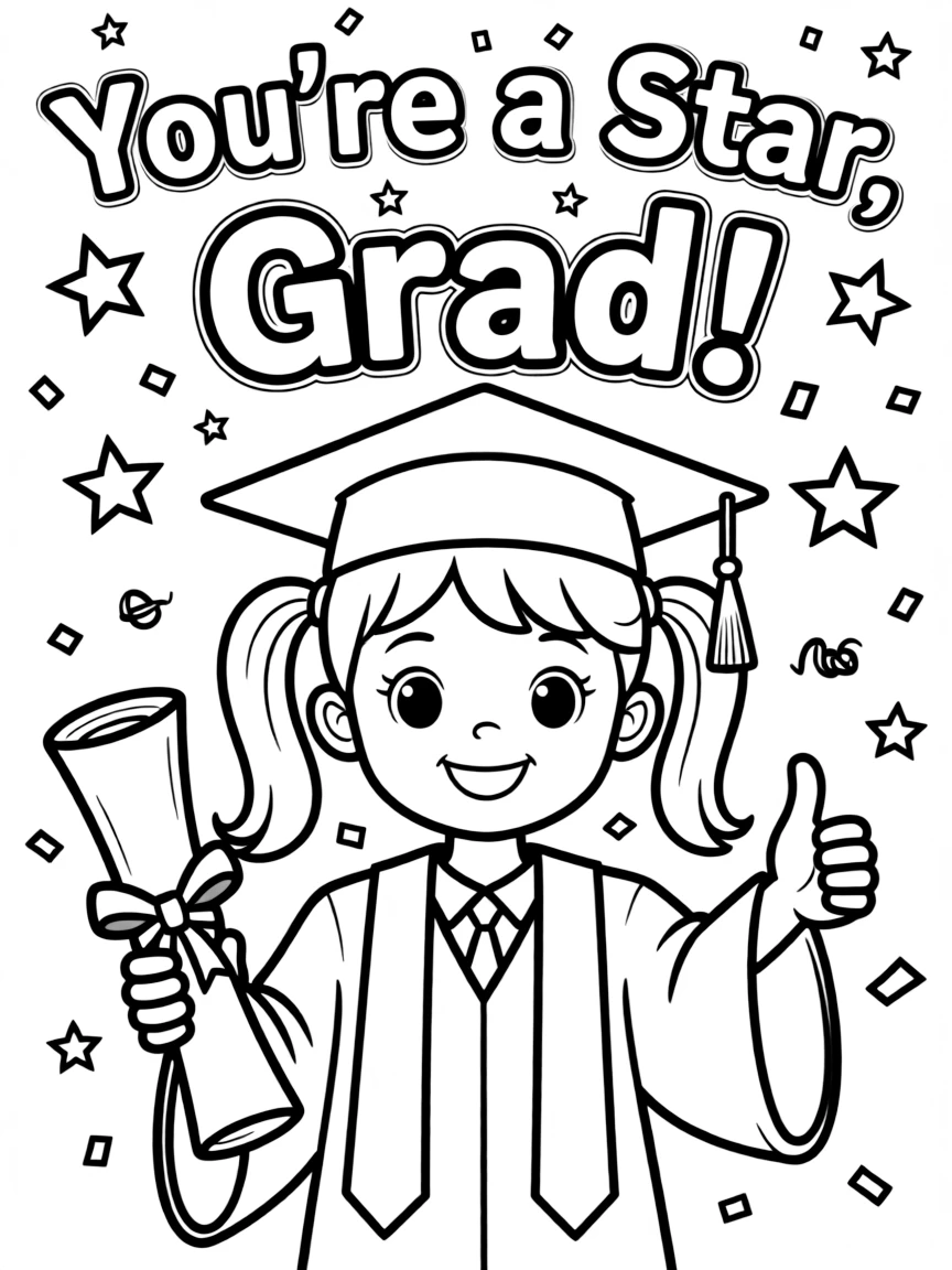 A coloring page with “You’re a Star, Grad!”