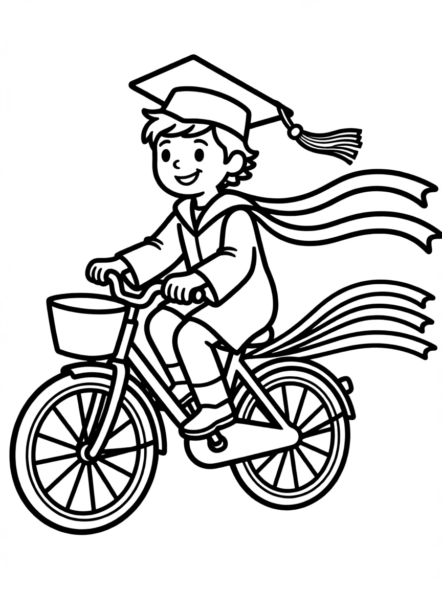 A graduate riding a bicycle with streamers