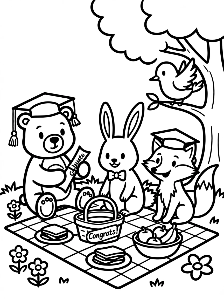 A group of animals having a graduation picnic