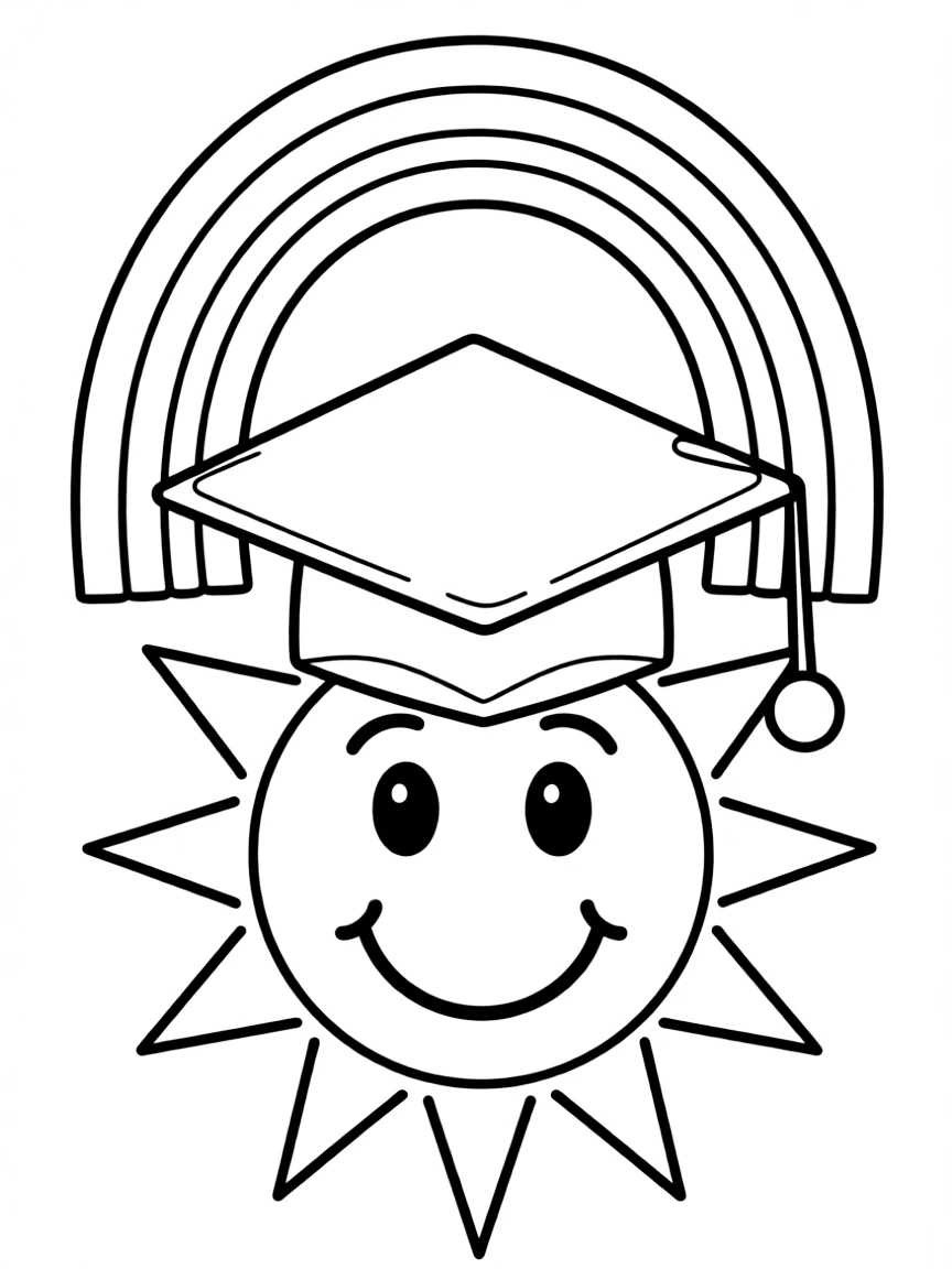 A rainbow and sunshine with a graduation cap