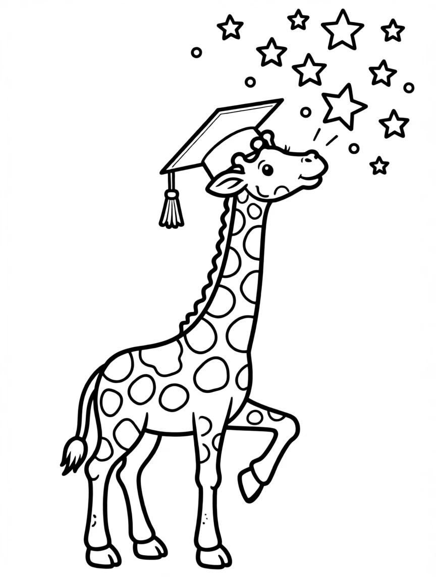 A giraffe in a graduation cap reaching for stars