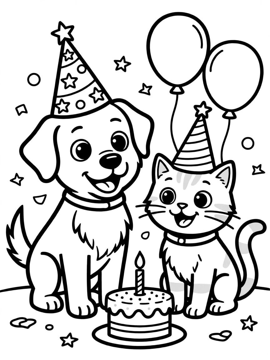 A dog and cat celebrating with party hats