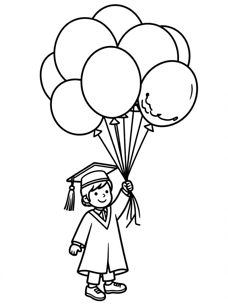 A graduate floating with a bunch of balloons