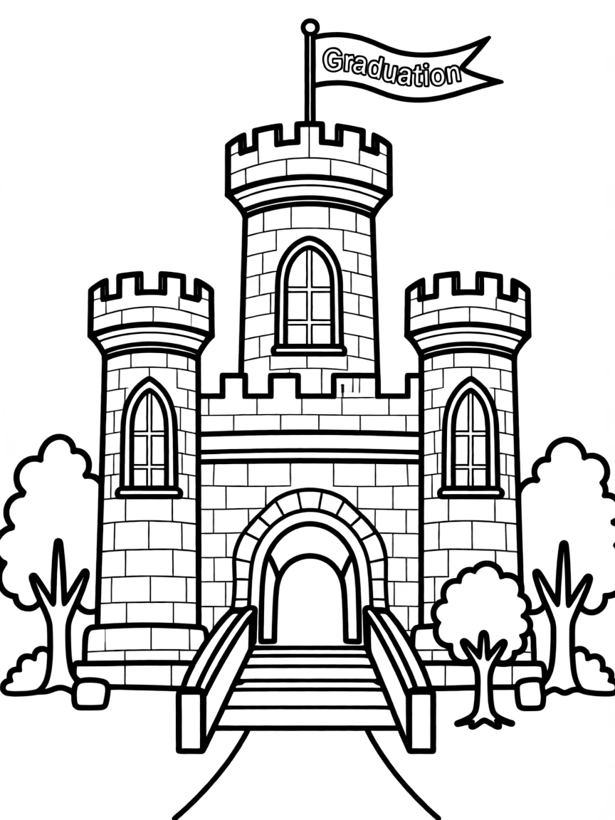 A castle with a graduation flag on top