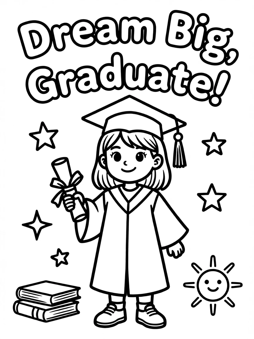 A coloring sheet with “Dream Big, Graduate!”