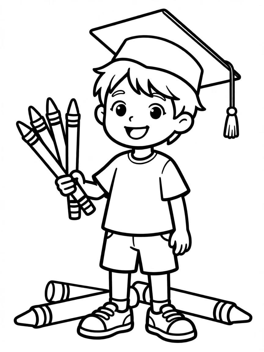 A child with a graduation cap and crayons