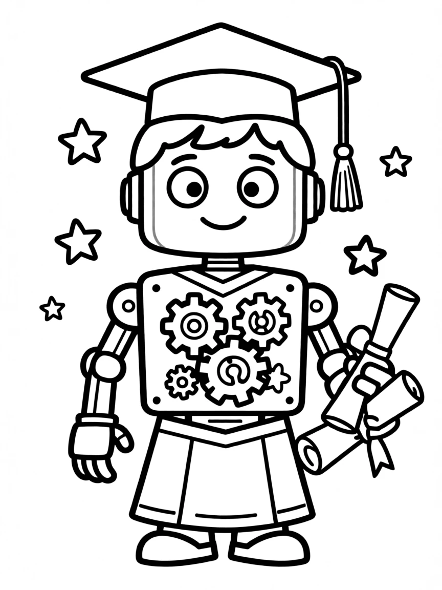 A robot graduate with gears and stars