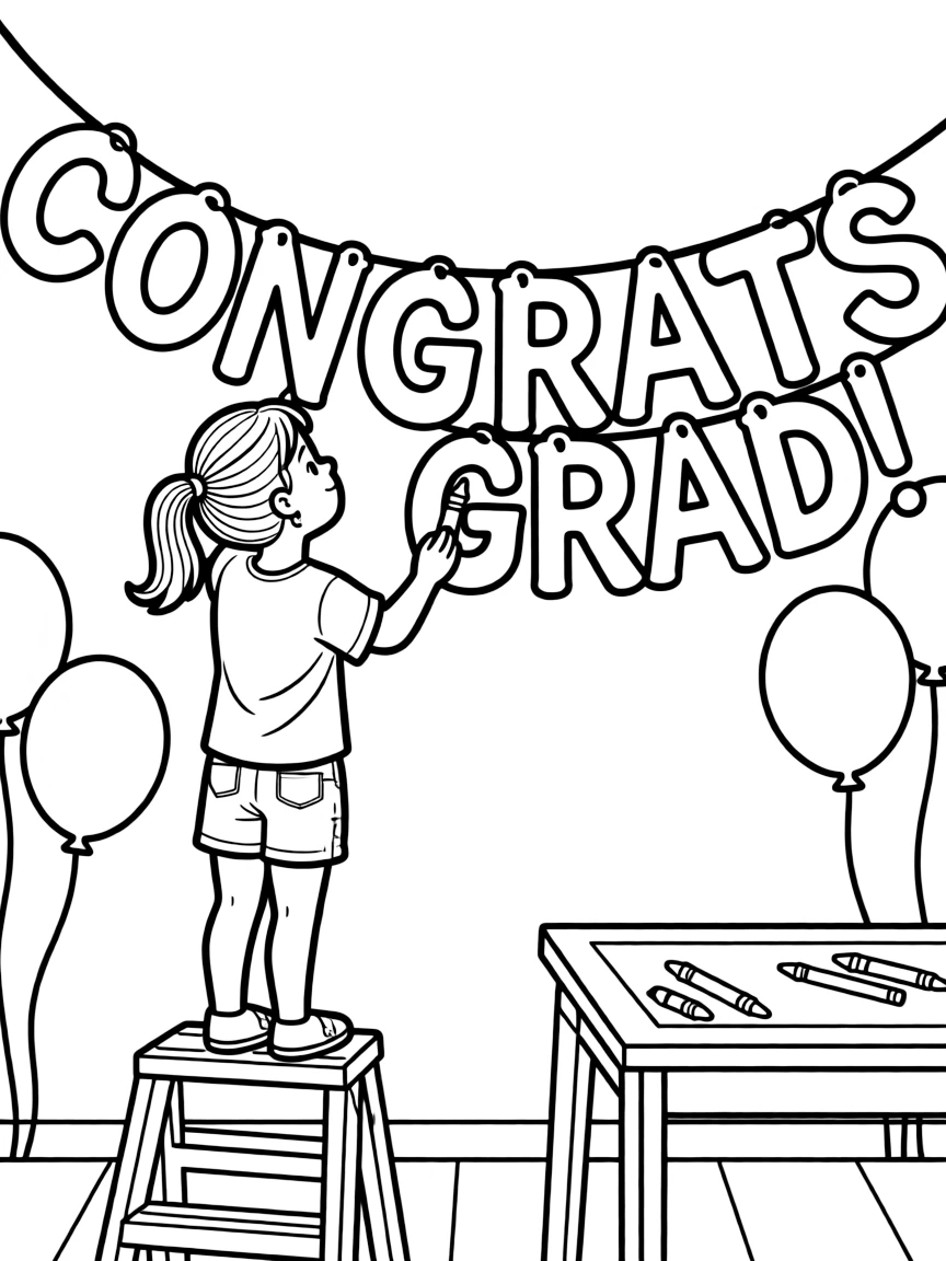 A kid decorating a graduation banner