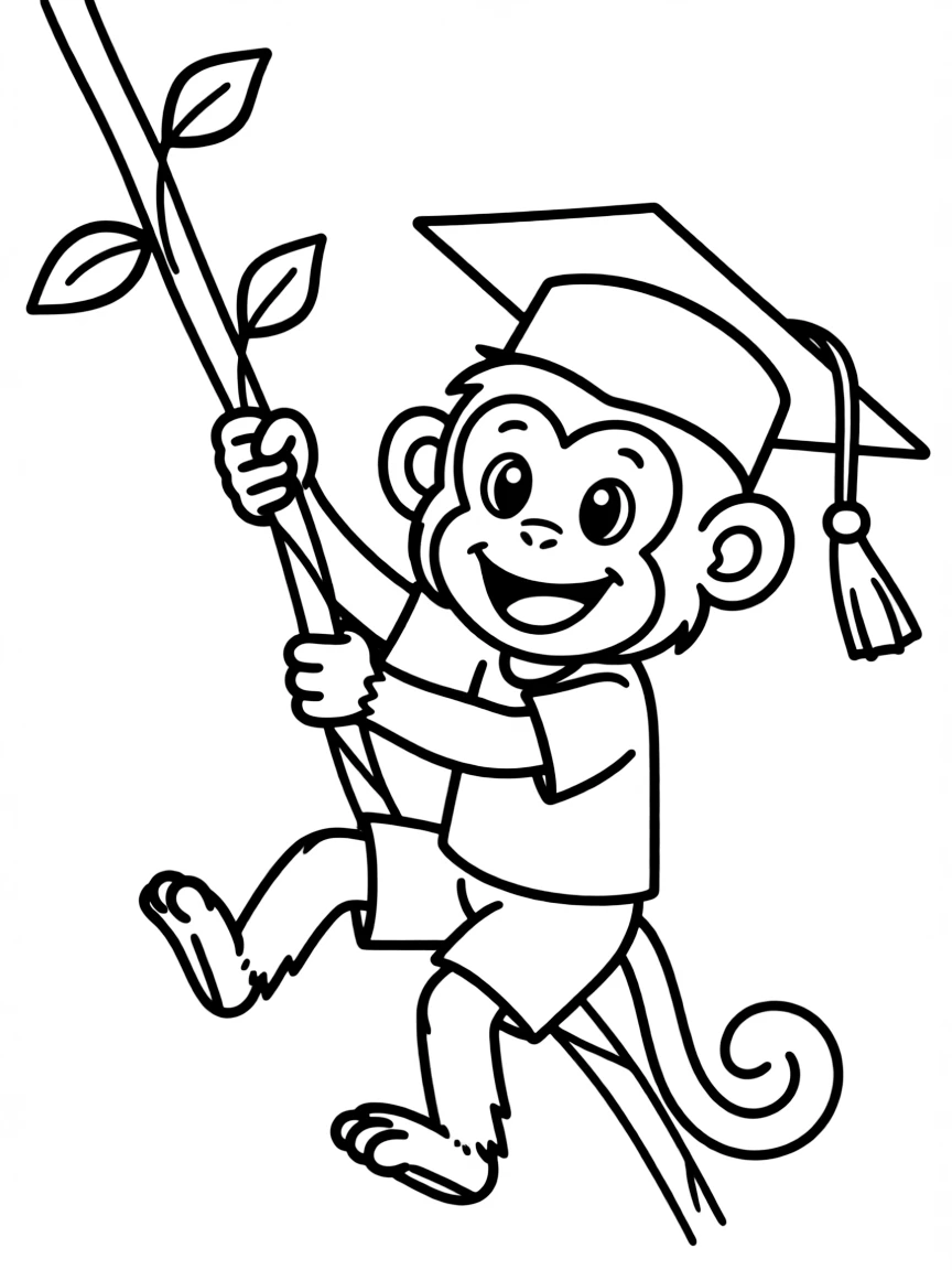 A monkey swinging with a graduation hat