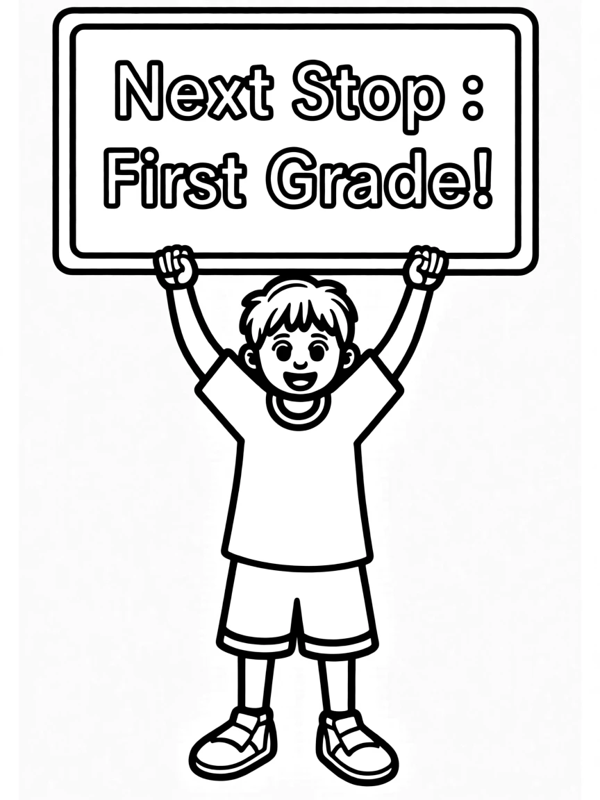 A child holding a sign “Next Stop: First Grade!”