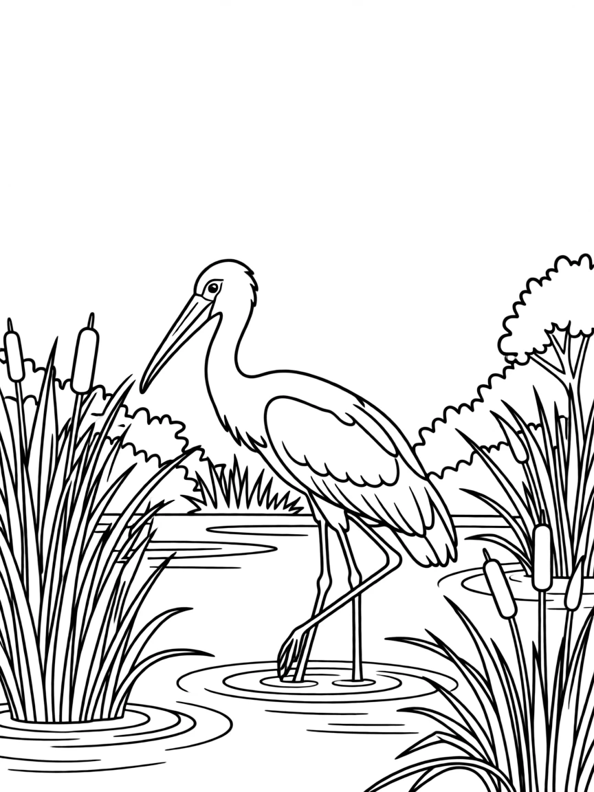 (Florida) A wood stork walking through wetlands