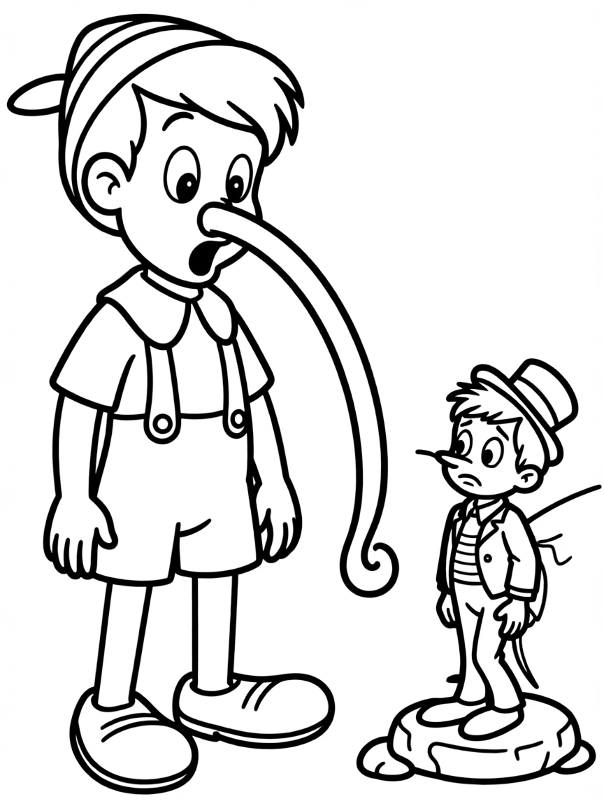 Pinocchio's nose growing long, with Jiminy Cricket looking worried.