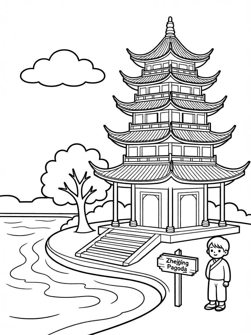 (Zhejiang) Traditional Chinese pagoda by water