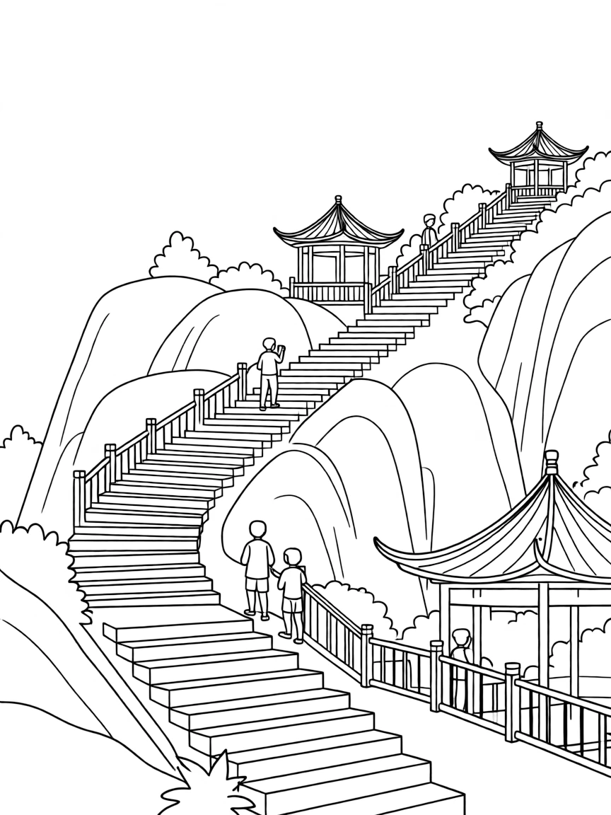 (Shandong) Mount Tai with stone steps and pavilions