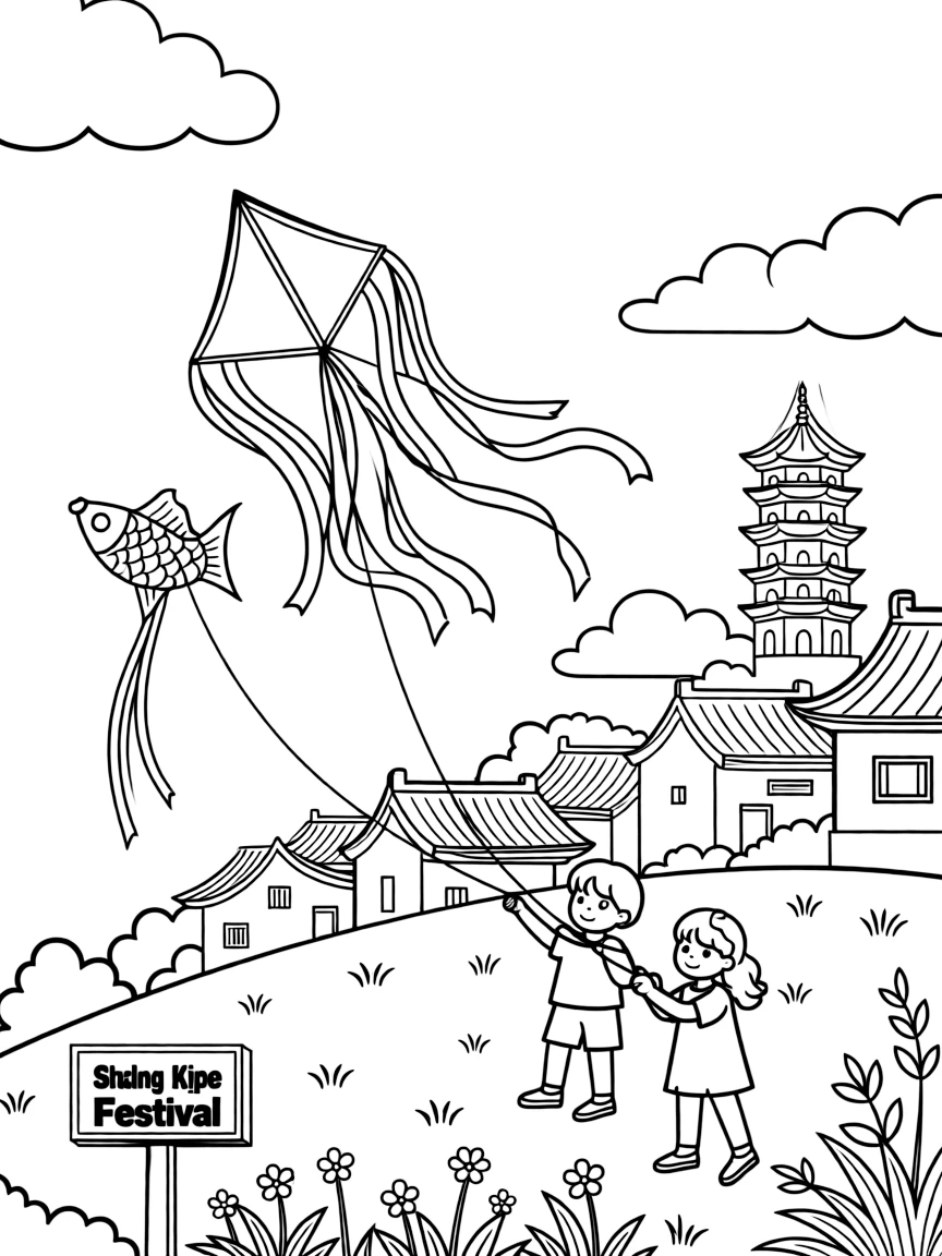 (Shandong) Traditional Chinese kite flying scene