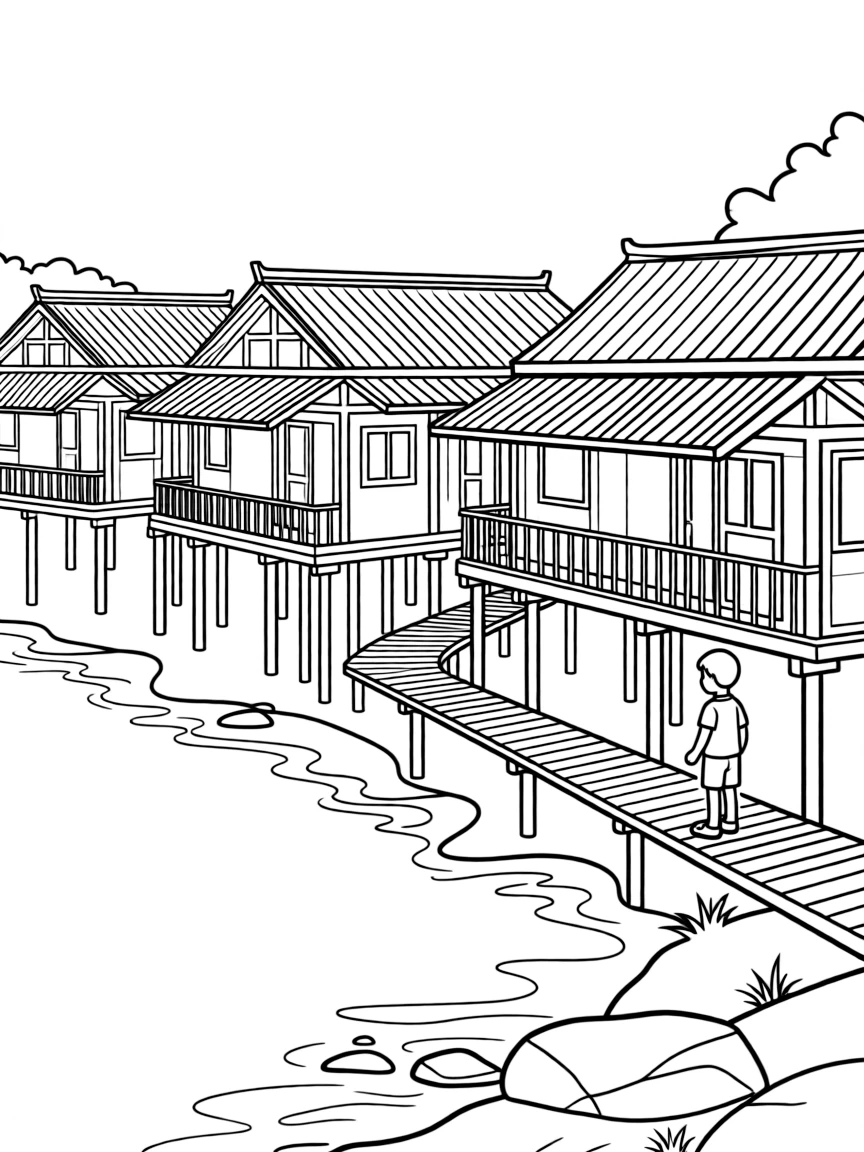 (Guizhou) Traditional stilted houses by river