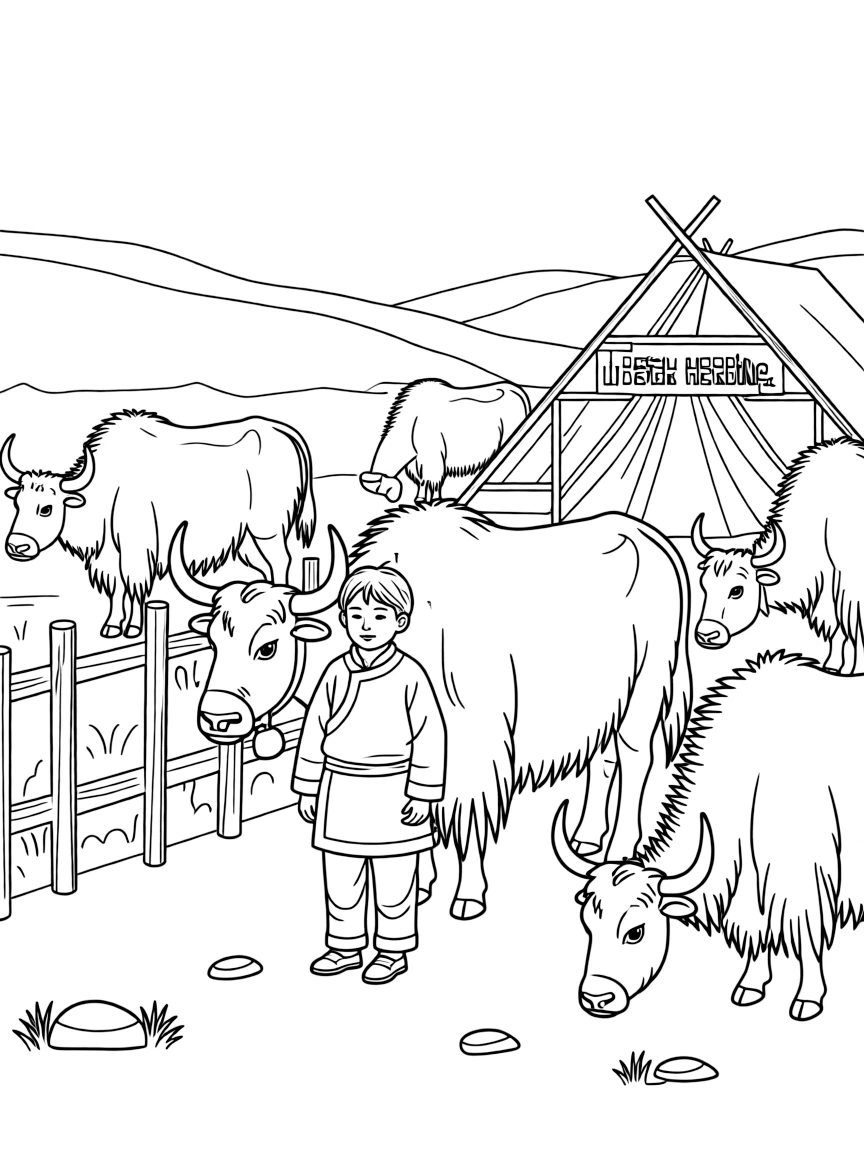 (Tibet) Traditional yak herding scene